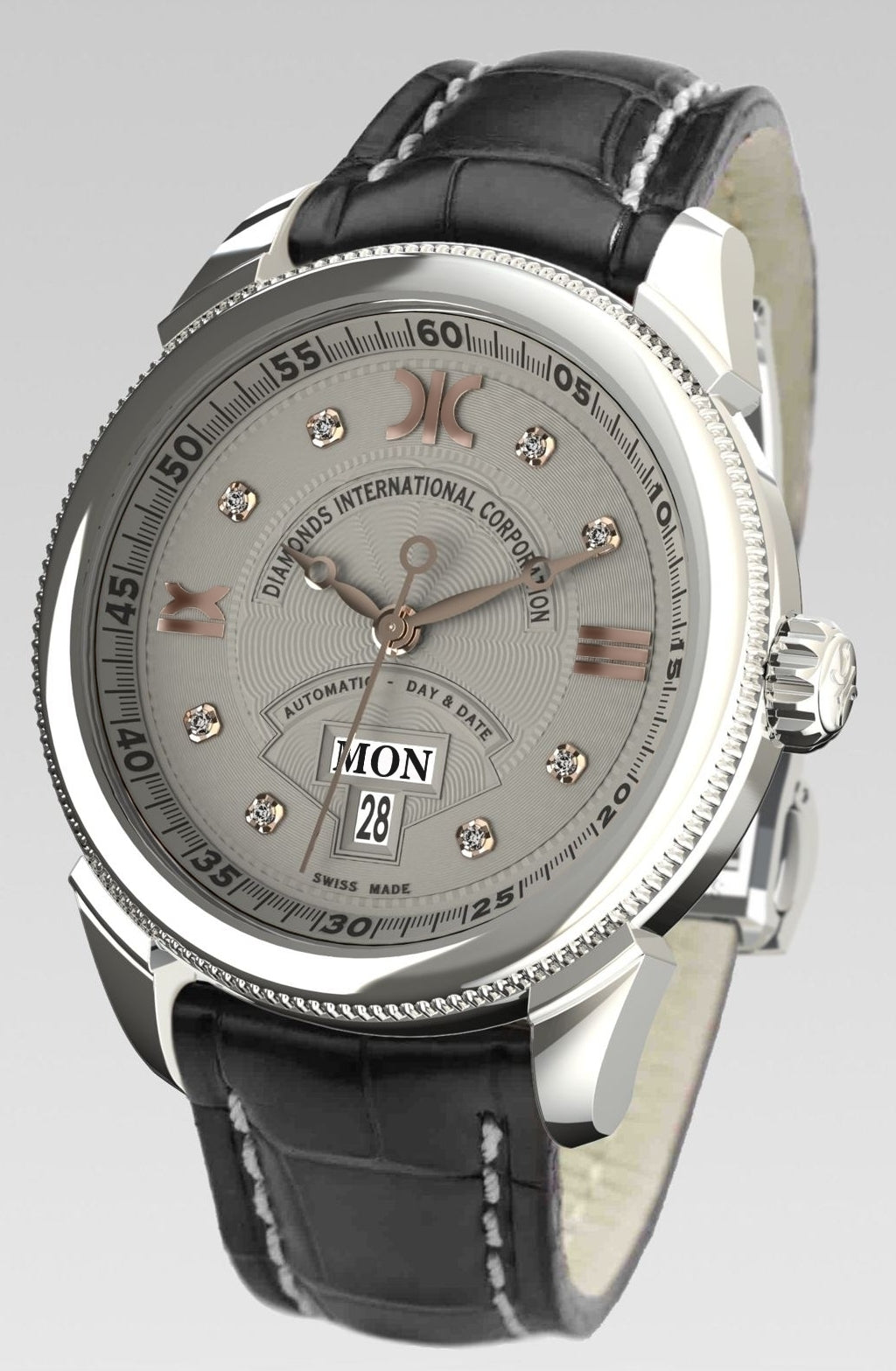 Diamond watch 9266-AA-GS-Leather Elegant automatic watch with calendar and 8 brilliants
