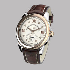 Diamond watch 9266-BA-AG-Leather Elegant automatic watch with calendar and 8 brilliants