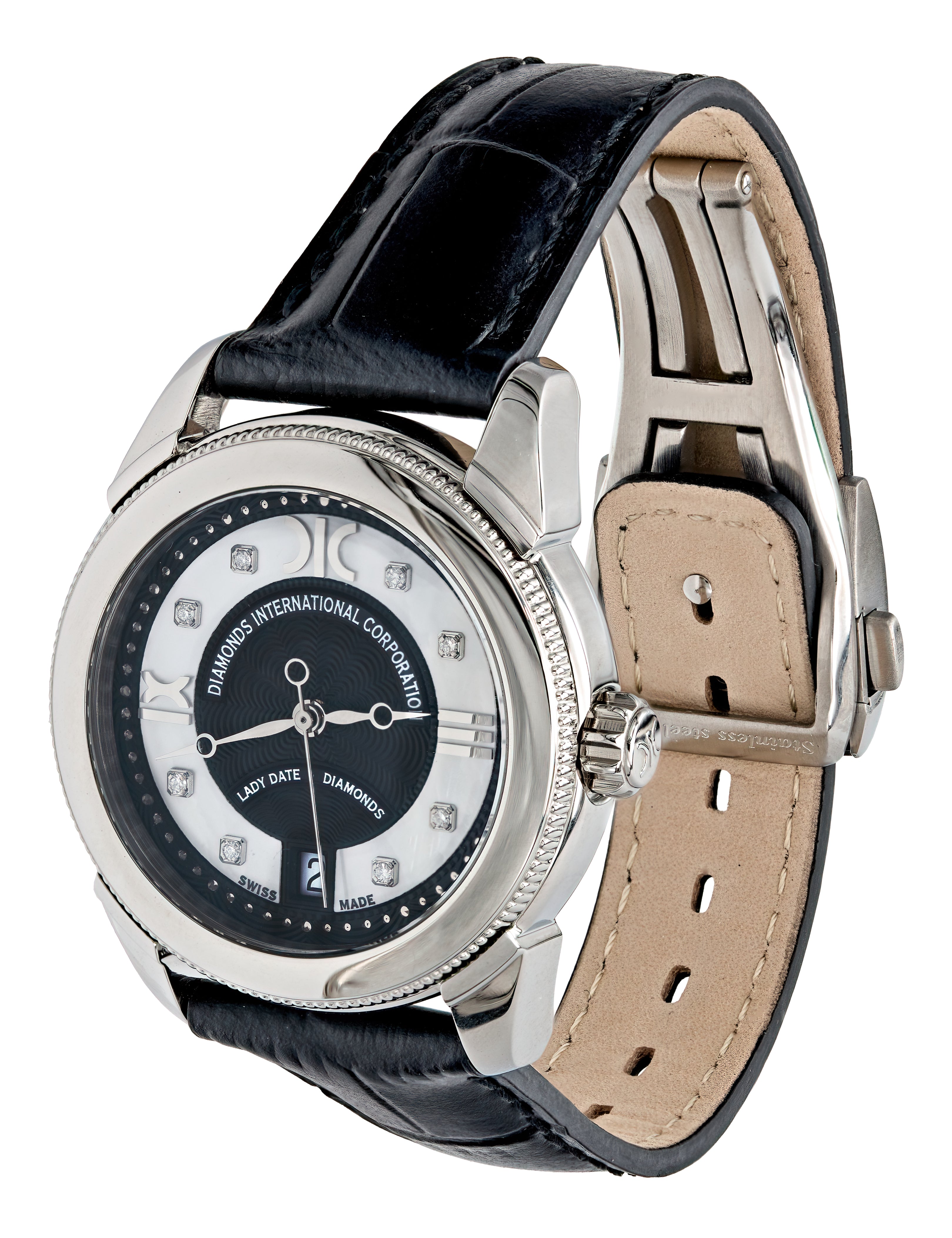 Watch A9267-A-NN-Black-Leather Womens watch with movement Quartz Eta with 8 briliants