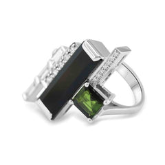 Ring Matragi Mini Ring made of white gold with diamonds, Onyx and Tourmaline
